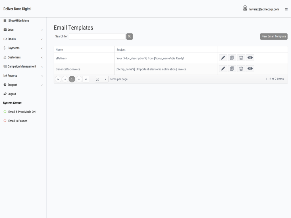 Control Panel – Deliver Docs Digital